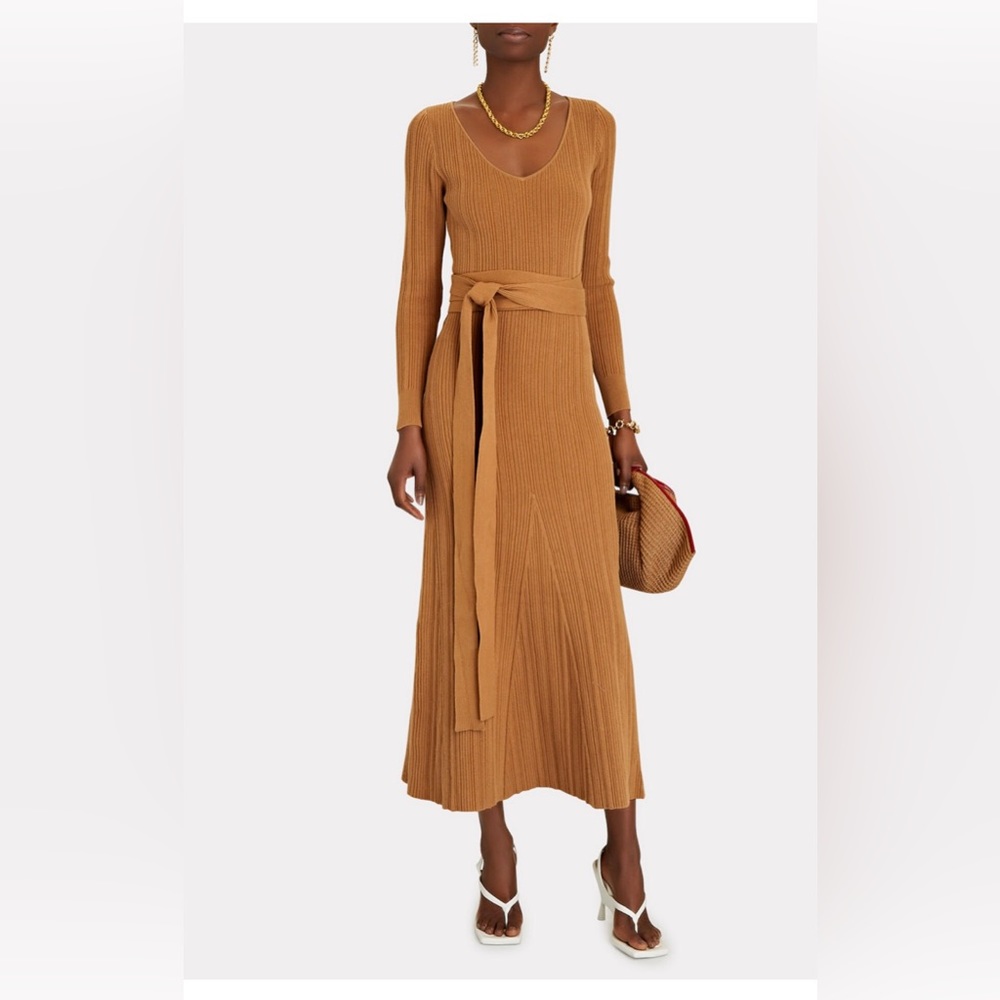 Anna Quan belted rib knit midi dress, camel, size 8, never worn.
